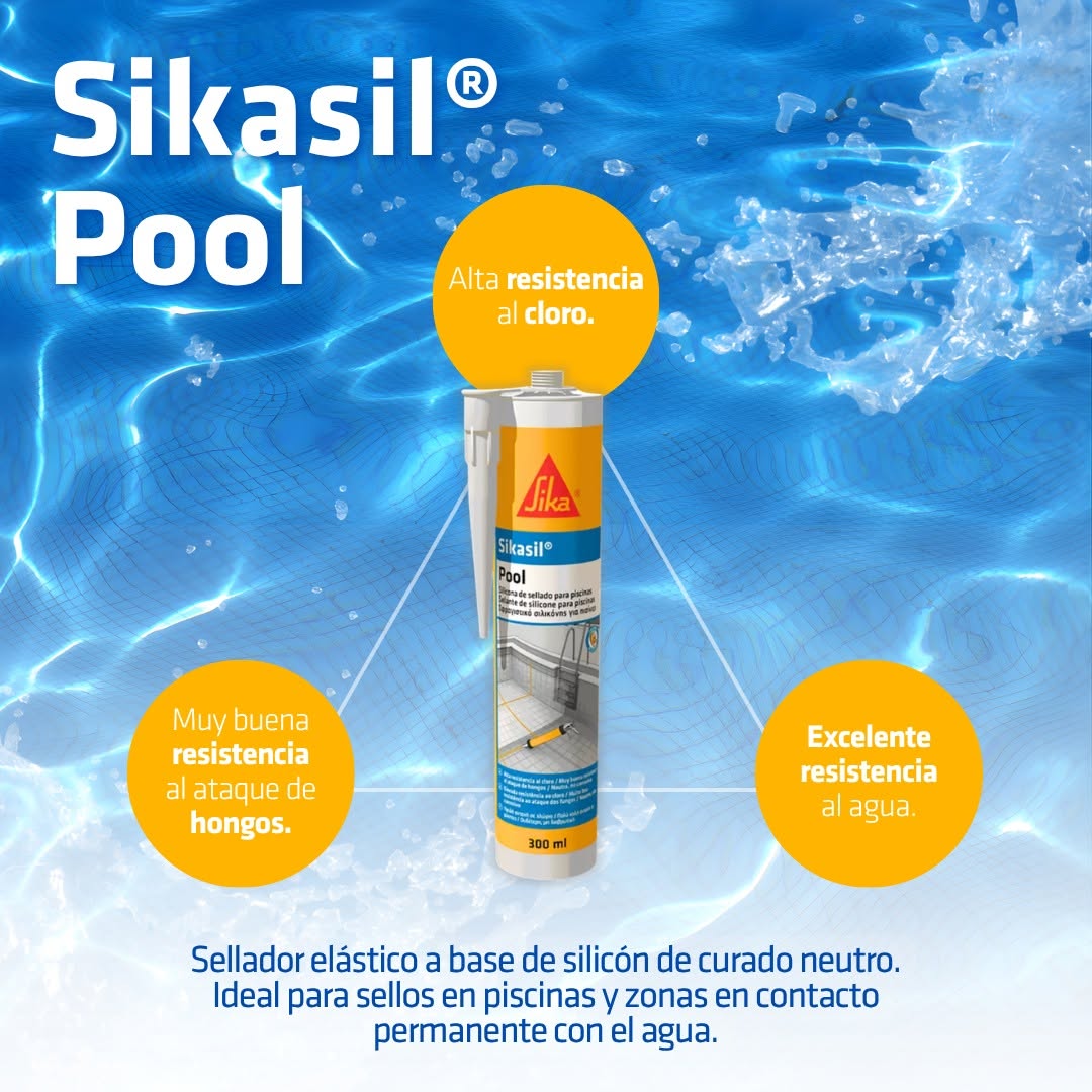 SELLADOR ELÁSTICO DE SILICÓN PARA SELLOS EN PISCINAS Y ZONAS EN CONTACTO PERMANENTE CON AGUA SIKASIL POOL COLOR TRANSPARENTE CARTUCHO 300 ML