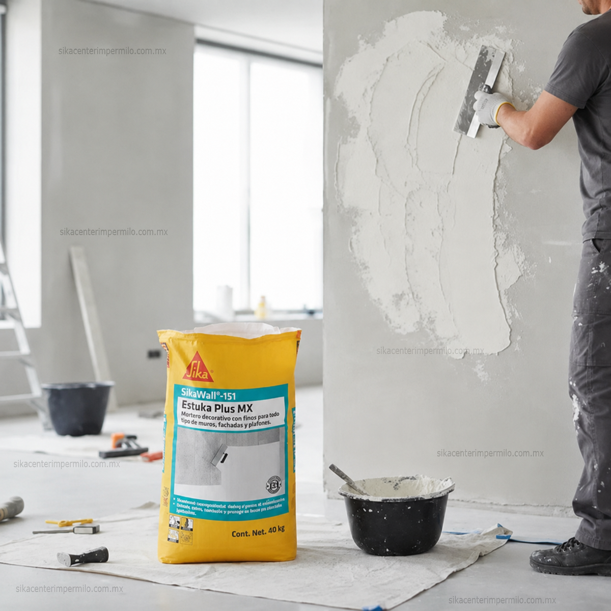 MORTERO DECORATIVO CON FIBRAS SIKAWALL-151 ESTUKA PLUS MX BLANCO SACO 20 KG