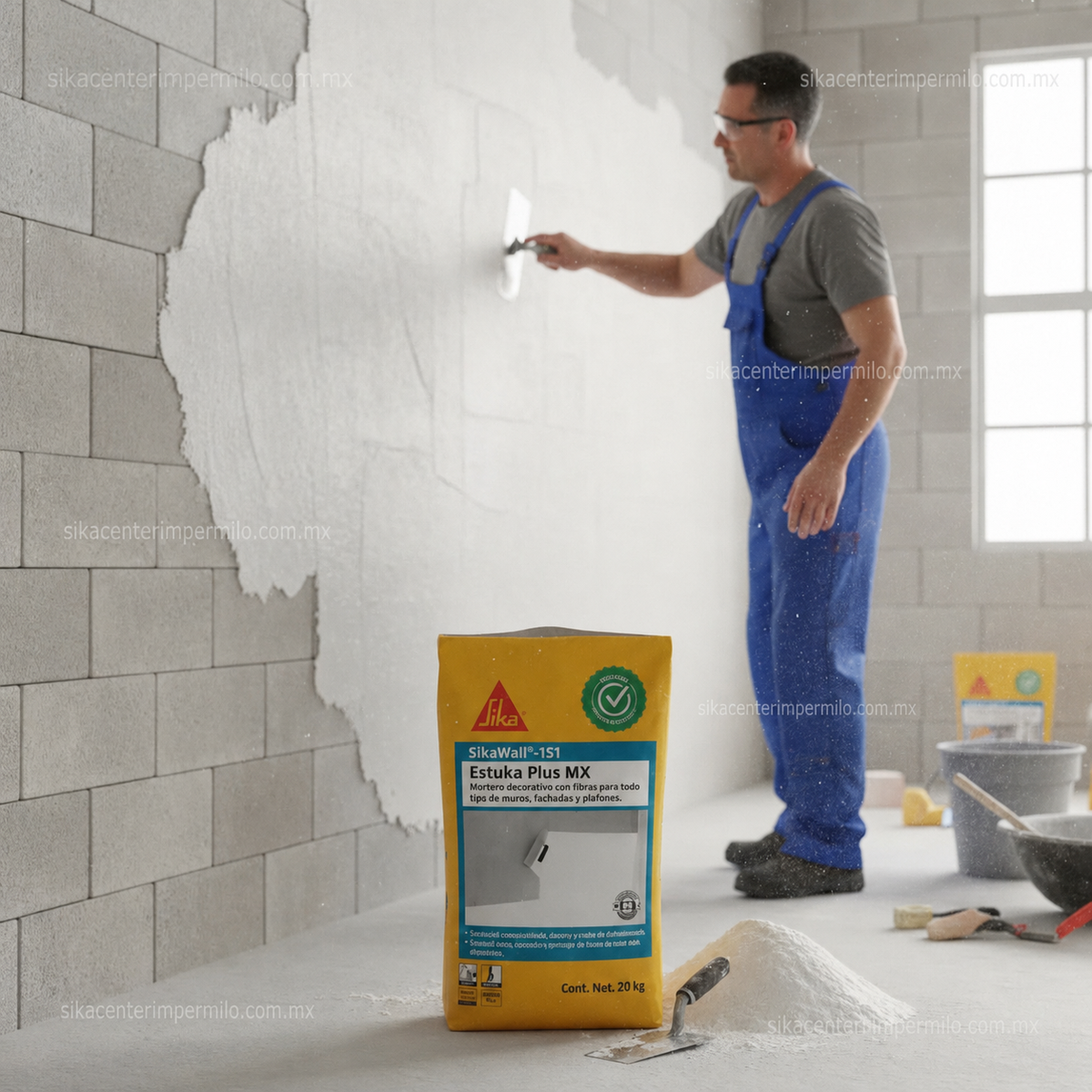 MORTERO DECORATIVO CON FIBRAS SIKAWALL-151 ESTUKA PLUS MX BLANCO SACO 20 KG