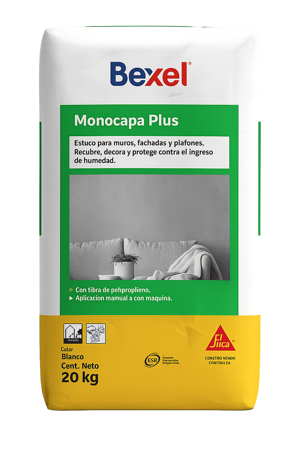 ESTUCO PARA MURO FACHADAS Y PLAFONES BEXEL ESTUKO MONOCAPA PLUS BCO 20KG