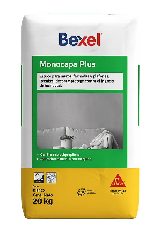 ESTUCO PARA MURO FACHADAS Y PLAFONES BEXEL ESTUKO MONOCAPA PLUS BCO 20KG