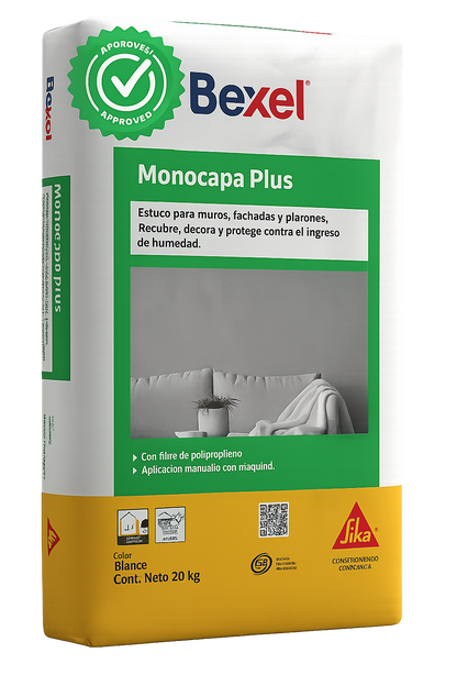 ESTUCO PARA MURO FACHADAS Y PLAFONES BEXEL ESTUKO MONOCAPA PLUS BCO 20KG
