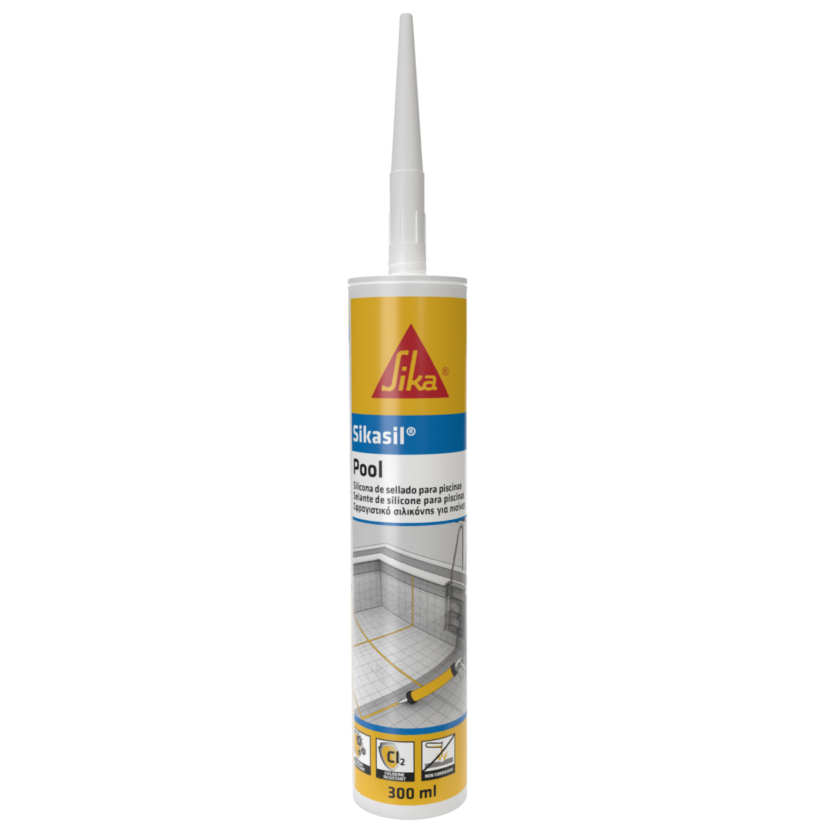 SELLADOR ELÁSTICO DE SILICÓN PARA SELLOS EN PISCINAS Y ZONAS EN CONTACTO PERMANENTE CON AGUA SIKASIL POOL COLOR TRANSPARENTE CARTUCHO 300 ML