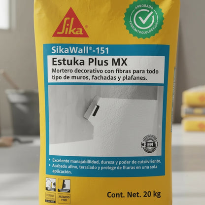 MORTERO DECORATIVO CON FIBRAS SIKAWALL-151 ESTUKA PLUS MX BLANCO SACO 20 KG