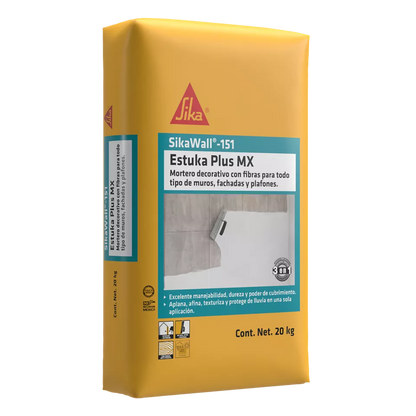 MORTERO DECORATIVO CON FIBRAS SIKAWALL-151 ESTUKA PLUS MX BLANCO SACO 20 KG